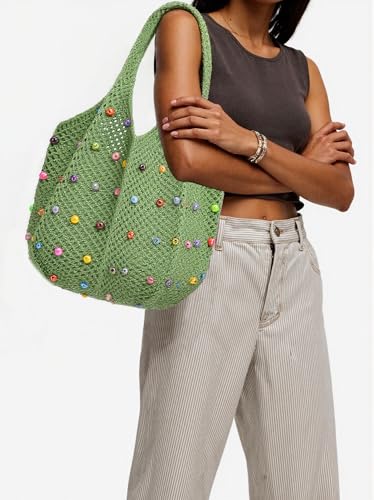 Image of Crochet Tote Bag for Women Mesh Summer Beach Bag Large Knitted Bag Woven Shoulder Handbag Vacation Aesthetic Hobo Bag Travel