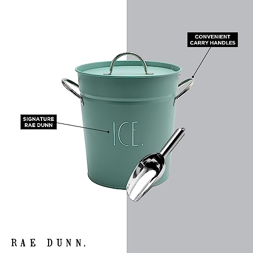 Rae Dunn Ice Bucket with Scoop - Stainless Steel Bucket with Handle, Lid and Ice Scooper - 4 Qt. Storage Bin for Ice Cubes for Bars, Parties, Backyard Barbeques, Picnics, and Camping (Sage)