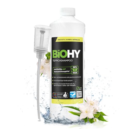 BiOHY Champú para alfombras (1 botella de 1 litro) + Dosificador | Limpiador de alfombras concentrado | elimina las manchas rebeldes | bien tolerado por los animales (Teppichshampoo)