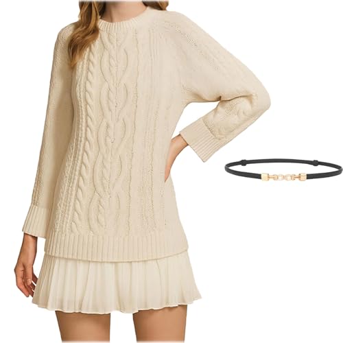 Damen Zopfmuster-Pulloverkleid mit Rock, Damen Rundhals-Zopfmuster-Pullover-Minikleid (Apricot,XXL)