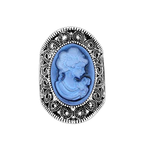 YANGJINR Bague Ancienne Oval Dame Queen Cameo Anneaux for Femmes Vintage Bagues de Fleurs Creuses Antique Silver Party Bijoux de Mode (Main Stone Color : Blue, Ring Size : 9)
