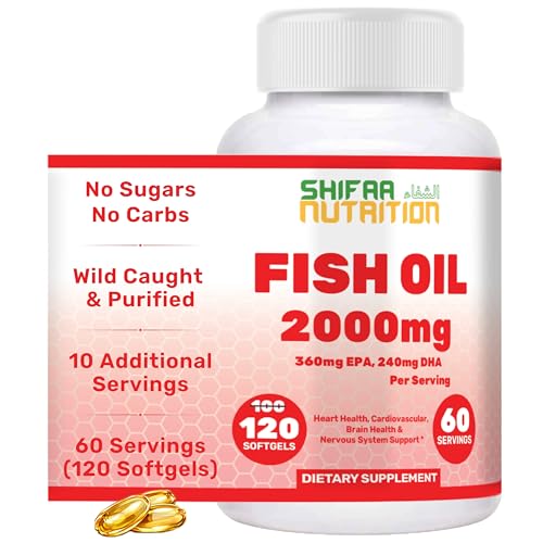 Halal Omega 3 Fish Oil 2000mg - 60 Servings 120 Softgels. Wild Caught Purified Keto Friendly Non-GMO & Gluten-Free. Brain Heart & Cardiovascular Support. Burpless Fish Oil Omega 3 Supplements