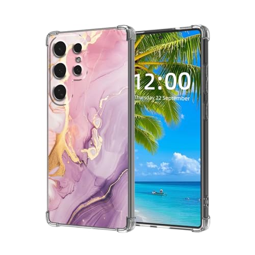 ETLKJVBL for Samsung Galaxy S24 Ultra Case, Marble Texture Pink High-Definition Painted Back Cover with Soft Transparent TPU Bumper, Shockproof Protective for S24 Ultra Phone Case