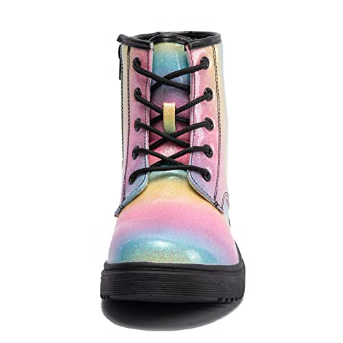 HIKLDK Girls Boots Glitter Combat Boot Winter Waterproof Side Zipper Lace-up Walking Shoes for Toddlers Little Kid szie4