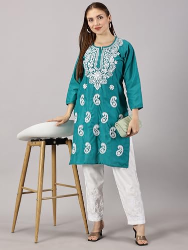 Image of FCH, Fashionable Chikan Handikraft Women's Cotton Lucknowi Chikankari Printed Straight Kurta for Regular Wear Girls Flared Kurta