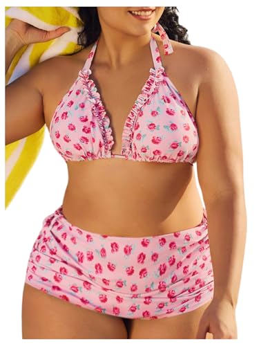 MakeMeChic Women's Plus Size 3 Piece Floral Triangle Halter Frill Trim Bikini Set with Cover Up Skirt