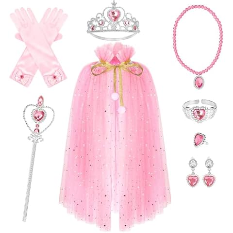 Princess Costumes for Girls, Princess Dress Up, Elsa Dress Up for Girls, Princess Cape Set Fancy Dress Girls Dress Up Clothes Party Cosplay Cloak with Jewelry Tiara Crown Magic Wand Gloves(Pink) Cover
