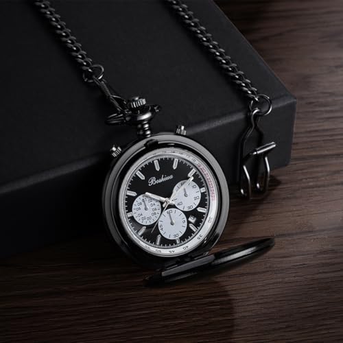 Image of BOSHIYA Smooth Quartz Pocket Watches for Men Multifunctional Chronograph Classic Vintage Mens Womens Pocket Watch with Chain Christmas Graduation Birthday Gifts Fathers Day