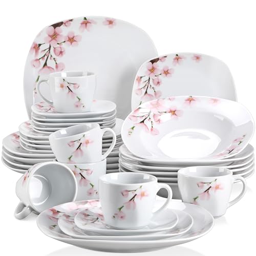 VEWEET Annie Porcelain Dinnerware for 6, 30-Piece Pink Floral Dish Set With Plates and Bowls...