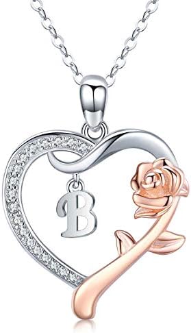 Initial Necklace Sterling Silver Alphabet Roseflower Heart Letter Pendant Necklaces Personalised Jewellery Letter Necklaces Gift for Women Girls