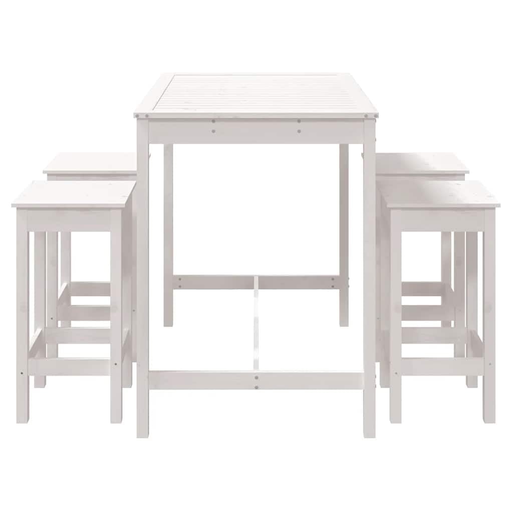 Ensemble de Bar de Jardin 5 Pièces en Bois de Pin Massif Blanc, Mange-Debout Extérieur avec 1 Table Haute 121cm et 4 Tabourets de Bar pour Terrasse et Balcon