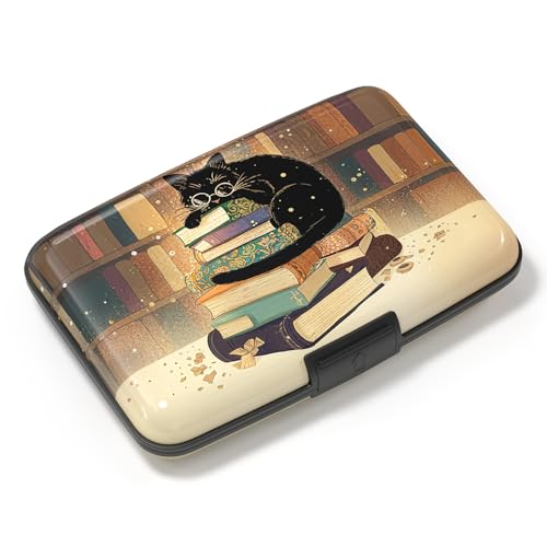 Image of Credit Card Holder, Mini Aluminum Card Wallet RFID Blocking Slim Metal Hard Card Case for Women Men, Glasses Cat