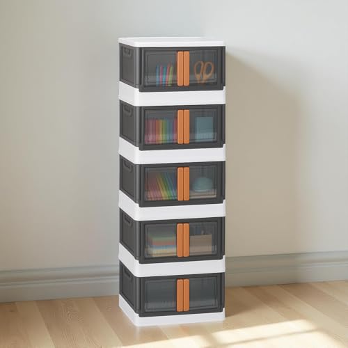 Image of ALOXE Plastic Cupboard for Bedroom & Storage | Stackable Organizer with Front Doors | Compact Multipurpose Cabinet for Clothes, Toys & Essentials | 5 Tier
