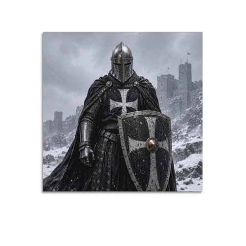 XKUGA Póster vintage de caballero teutónico de escudo gótico, armadura de hielo negro, impresiones en lienzo decorativo moderno, arte de pared ideal para familia, cueva de hombre, sala de juegos