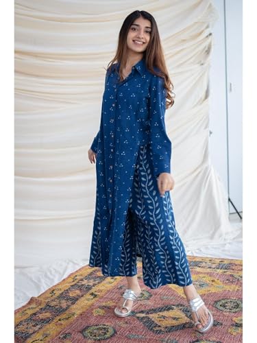 Image of Women's Indigo Blue Cotton Ethnic Co-Ord Set | Kurta Pant Set | Kurta Palazzo Set | Stylish Printed Suit Set for Women