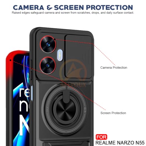 Image of Realme Narzo N55 / C55 Back Cover | Armor Camera Slider 360 Degree Rotating Finger Ring Holder Case with Bracket Stand Back Case Cover (Compatible with MagSafe Accessories) (Black)