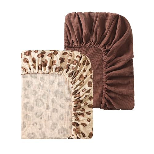 Image of TADO MUSLIN Baby Crib Sheets 2 PCS, 100% Organic Cotton Fitted Crib Sheet for Standard Crib Mattress (52 inchx28 inch), Soft and Breathable for Girl and Boy, Leopard Print, Khaki