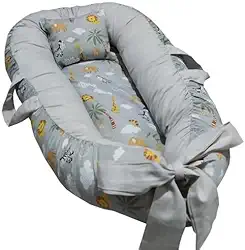 Ninho Redutor de Berço e Cama em Percal 200 Fios com Travesseiro para Bebê Recém-Nascido (SAFARI CINZA)