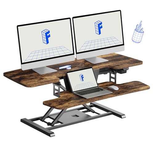 Image of FLEXISPOT 42 inch Electric Standing Desk Converter Height Adjustable Desk Strong Weight Capacity Motorized Stand up Desk Riser for Office Home, Rustic Color