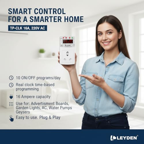 Image of LEYDEN TP-CLK 16A 220V AC Digital Real Time Clock Timer Plug Socket |Automatic ON Off Plug with 10 Programs Per Day | Heavy Duty Timer for Light, Water Pump, Motor, AC, Geyser (1)