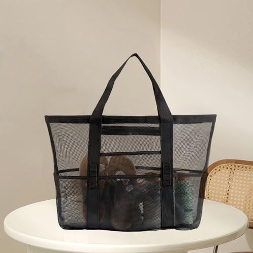 Black Portable Beach Bag - Foldable Seaside Travel Storage Bag for Family Picnics, Shopping, etc.