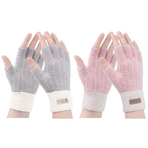 Gebell Winter Fingerless Gloves - 1/2 Pair Warm Knit Half Fingers Mittens Thermal Fingerless Gloves for Women Outdoor Running Working, white-pink+white+gray, One Size