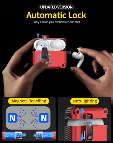 Image of Pohgelan for AirPods Pro 3 Case with Safety Lock-Red | Magnetic Automatic Lock with Cleaning Kit&Keychain,Compatible with Magsafe