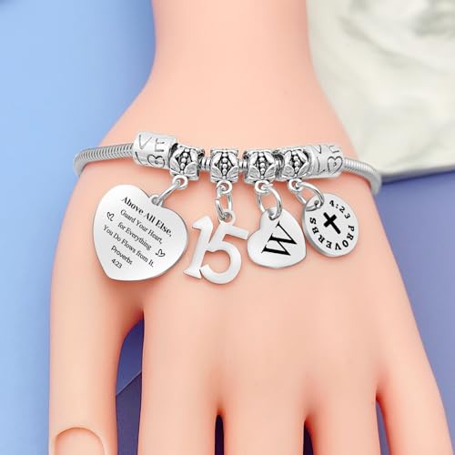 Image of 15th Birthday Gifts Bracelet Initial Gifts for Girls Christian Bracelet Happy 15th Birthday Gift for Daughter Granddaughter Son Letter A-Z Gift Bible Verse Gifts Inspirational Gift for Niece Friends