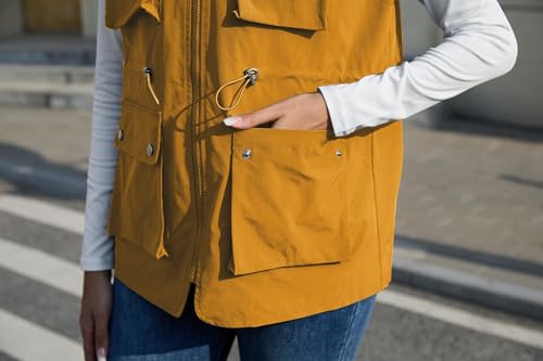 Image of PESION Womens Packable Military Utility Vests Outerwear Waterproof Windbreaker Jacket Cargo Vest with Removable Hood