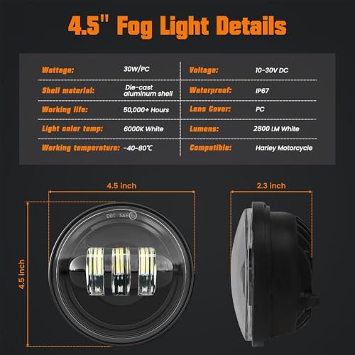 Image of 4.5 inch Motorcycle LED Fog Passing Lights Compatible with Harley Davidson Road King Ultra Classic Fat Boy Street Glide CVO Tri Glide Heritage Softail Deluxe Switchback Electra Glide Ultra 2PC black