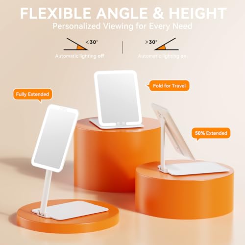 Auxmir Rechargeable Travel Makeup Mirror, Portable Travel Lighted Makeup Mirror with 3 Color Modes Dimmable, Compact Silm Tabletop LED Vanity Mirror with Touch Screen for Daily Bus image 8