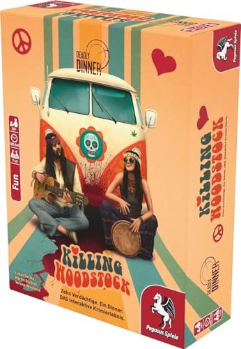 Stadtkrimis Exit Escape Stadtführung Pegasus Spiele 19012G - Deadly Dinner - Killing Woodstock - Krimi Dinner für Zuhause - 7 bis 10 Spieler - Krimispiele für Erwachsene - Krimidinner Spiel