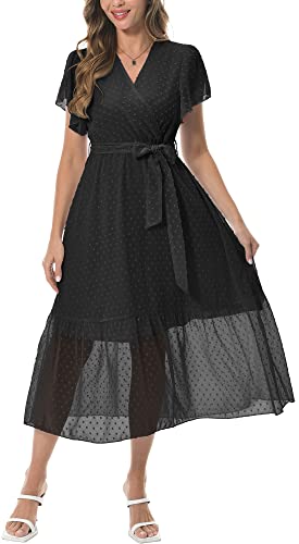 Image of PCEAIIH Women Summer Bohemian Floral Casual Cocktail Dresses V Neck Ruffle Cap Short Sleeve Wrap Belt A-Line Pleated Hem Swing Midi Sun Dress L Dot Black