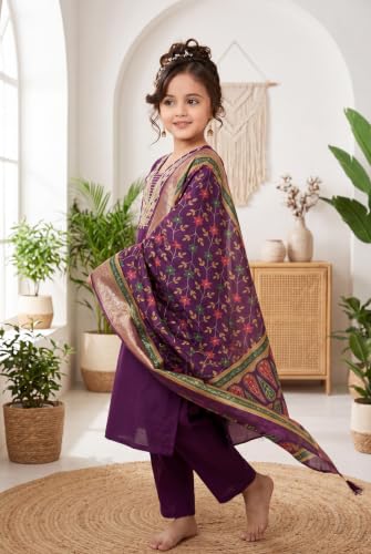 Image of Girls Cotton Blend Embroidered Kurta Pant with Printed Banarasi Style Dupatta Set | Festive Ethnic Wear for Kids | Traditional Suit Set for Girls (4-14Years)
