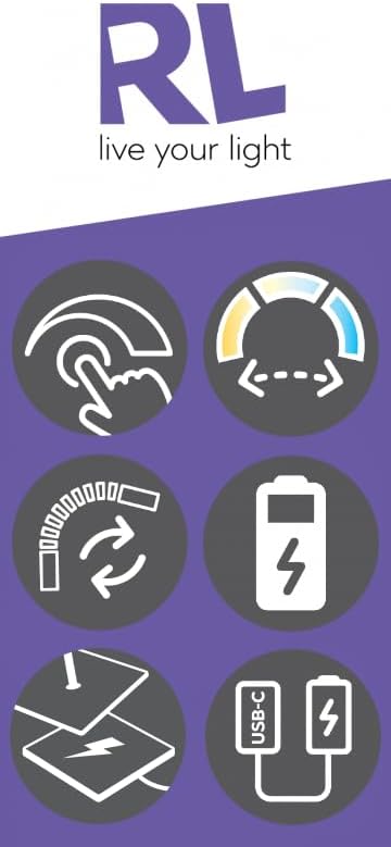 Icons representing features: touch control, adjustable color temperature, flexible design, battery, USB-C charging