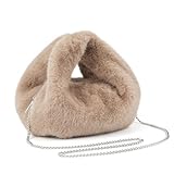 Winter Small Crossbody Bag for Women Faux Rabbit Fur Hobo Bag, Soft Plush Shoulder Handbag Furry Purse with Chain Strap (Khaki)