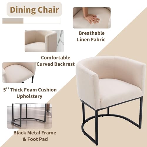 Image of HNY Mid Century Modern Upholstered Barrel Dining Chairs with Arms Set of 2, Linen Kitchen & Dining Room Chairs, 18.5 inch Wide Accent Chair for Dining Room Living Room with Black Metal Frame, Cream