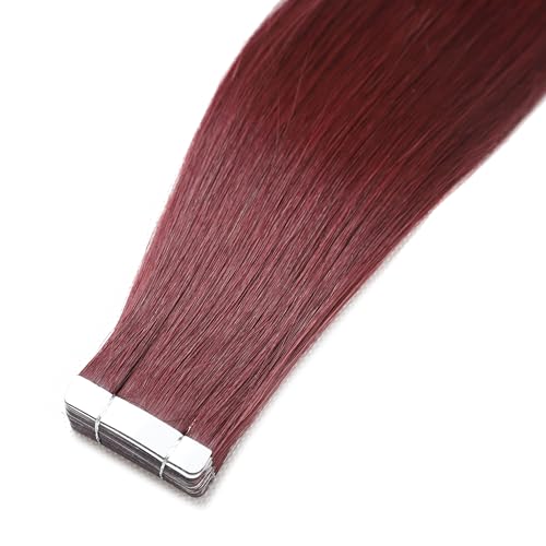 QingChang Tape in Hair Extensions Human Hair Single Donor Hair Healthy Natural Invisible Seamless Longlasting #99J Burgundy 16" 20pcs 50g