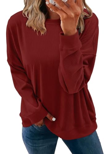 KISSMODA Women's Casual Long Sleeve Sweatshirt Color Block/Solid Crewneck Corduroy Pullover Cute Tops