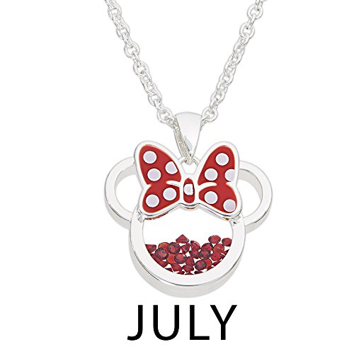 Disney Jewelry For Women And Girls Minnie Mouse July Birthstone Ruby Red Cubic Zirconia Shaker Pendant Necklace, Silver Plated, 18+2" Extender #TOP3