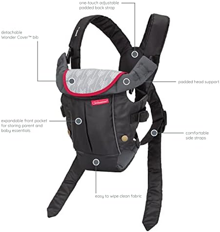 Infantino Swift Classic Carrier with Pocket - 2 Ways to Carry Black Carrier with Wonder Bib & Essentials Storage Front Pocket, Adjustable Back Strap, Inward & Outward Facing, Easy to Clean Material