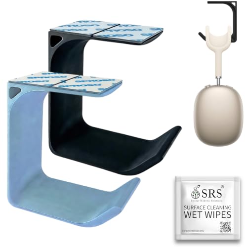 Image of SPROSO Headphone Stand Holder | Under Desk Hook & Cable Organizer | Stick-On Adhesive | Superior-Grade ABS | Includes Surface Cleaning Wipes for Easy Setup & Organization (Pack of 2, Black Silver)