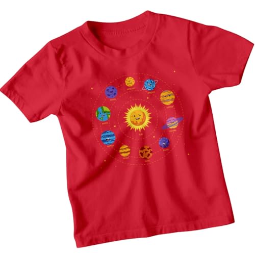 Image of Solar System Planets Sun Mercury Earth Mars Jupiter Saturn Uranus Neptune Pluto Astronomy Educational Kids T-Shirt Boys Girls Space Tee 3-4 Years Red