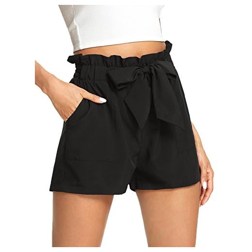 Romwe Women's Casual Elastic Waist Bowknot Summer Shorts with Pockets Black L