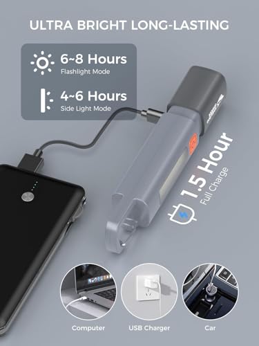 Image of Rechargeable Torch Light with Side Lantern, 2-in-1 LED Flashlight Recharrgeable Torch with Hook, Zoomable Focus, USB Rechargeable Flash Light for Camping, Emergency, Home & Outdoor Use
