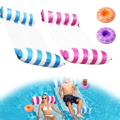 2PCS Hamaca de Agua Inflable, Hamaca Flotante Piscina, Colchoneta Flotante Piscina Juguetes con 2 Portavasos Flotantes, 4 en 1 Tumbona Hinchable para Verano, Playa, Mar, para Adultos Niños