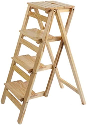 Folding Step Stool Ladder Stool 3 Steps Ladder Solid Wood Multi-Function Ladder Chair Home Space Saving (A)