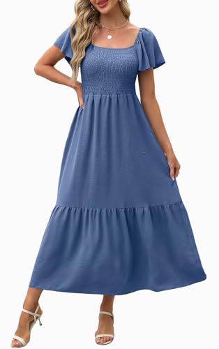 Image of OFEEFAN Summer Dresses for Women Square Neck Ruffle Sleeve Smocked Maxi Dress with Pockets
