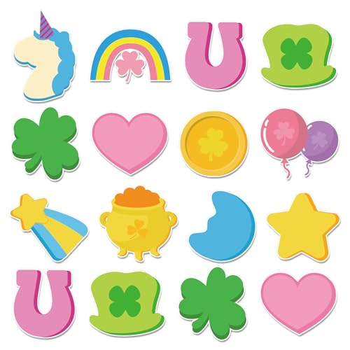 AnyDesign 48Pcs St. Patricks Day Cutouts Lucky Charm Cut-Outs Funny Cartoon Shamrock Clover Paper Cutting with 100 Glue Points for Irish Spring Party Classroom Bulletin Board DIY Crafts