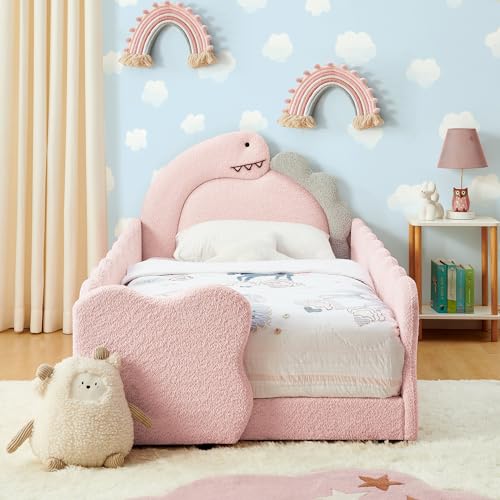 Image of Twin Size Kids Floor Bed Frame, Upholstered Montessori Platform Bed Cute Dinosaur-Shaped Daybed Frame for Girls Boys, No Box Spring Required, Pink